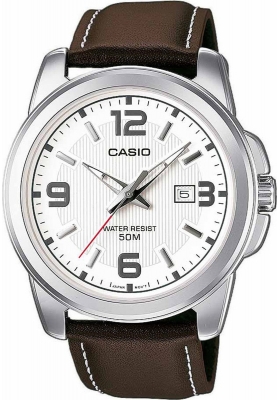CASIO Silver case with Brown Leather Strap