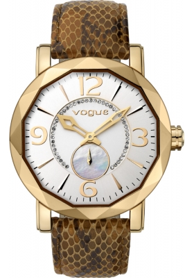 Vogue Kiss Kiss Crystals Rose Gold Brown Leather Strap