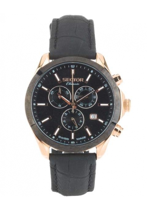 SECTOR CLASSIC Rose Gold Multifunction Black Leather Strap
